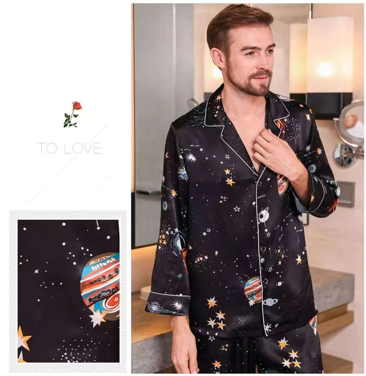 Men's 100% Pure Mulberry Silk Pajamas Set Print Silk Sleepwear Black Print S M L