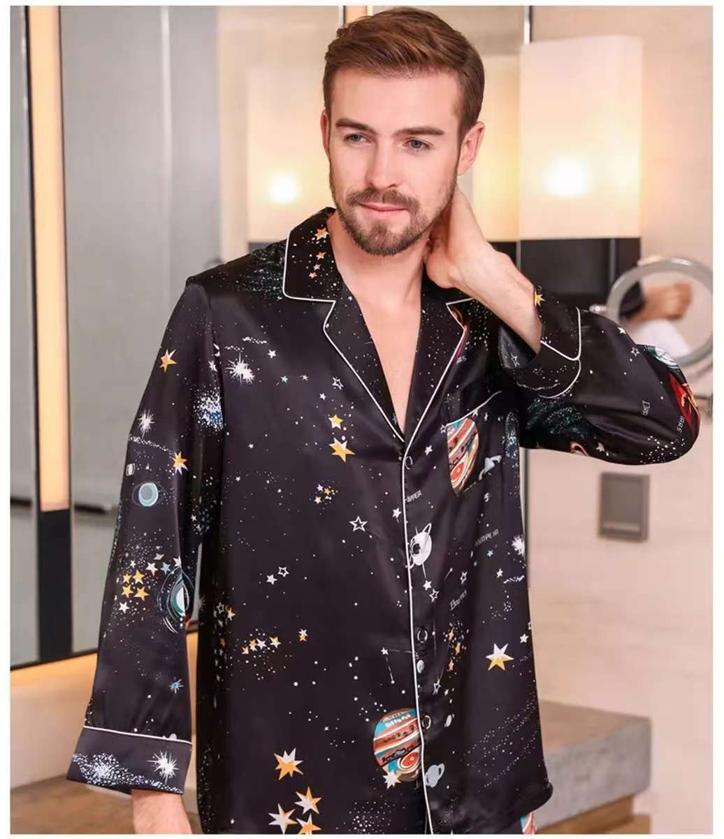 Men's 100% Pure Mulberry Silk Pajamas Set Print Silk Sleepwear Black Print S M L