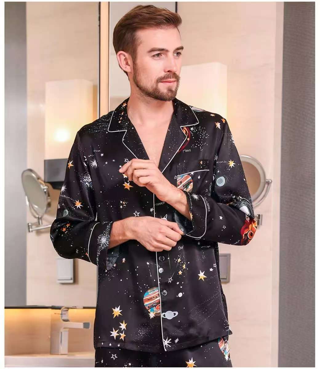 Men's 100% Pure Mulberry Silk Pajamas Set Print Silk Sleepwear Black Print S M L