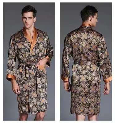 Mens 100% Pure Mulberry Silk Robe Print Silk Sleepwear Bathrobe S M