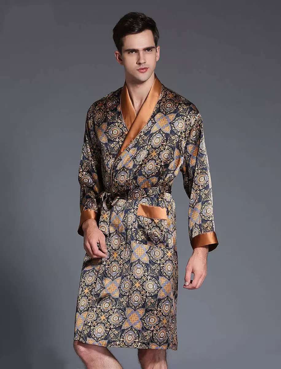 Mens 100% Pure Mulberry Silk Robe Print Silk Sleepwear Bathrobe S M