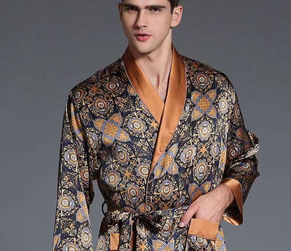 Mens 100% Pure Mulberry Silk Robe Print Silk Sleepwear Bathrobe S M