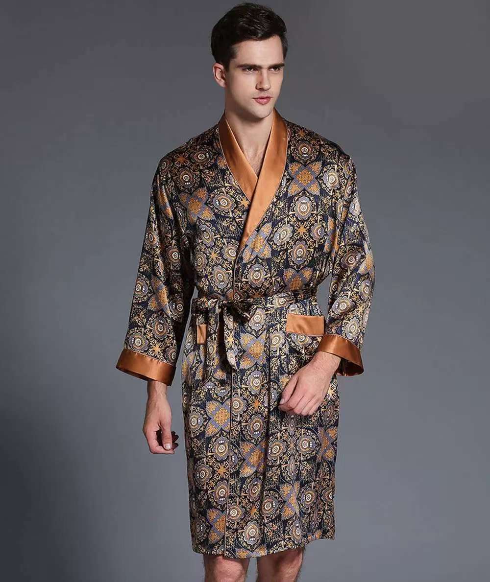 Mens 100% Pure Mulberry Silk Robe Print Silk Sleepwear Bathrobe S M