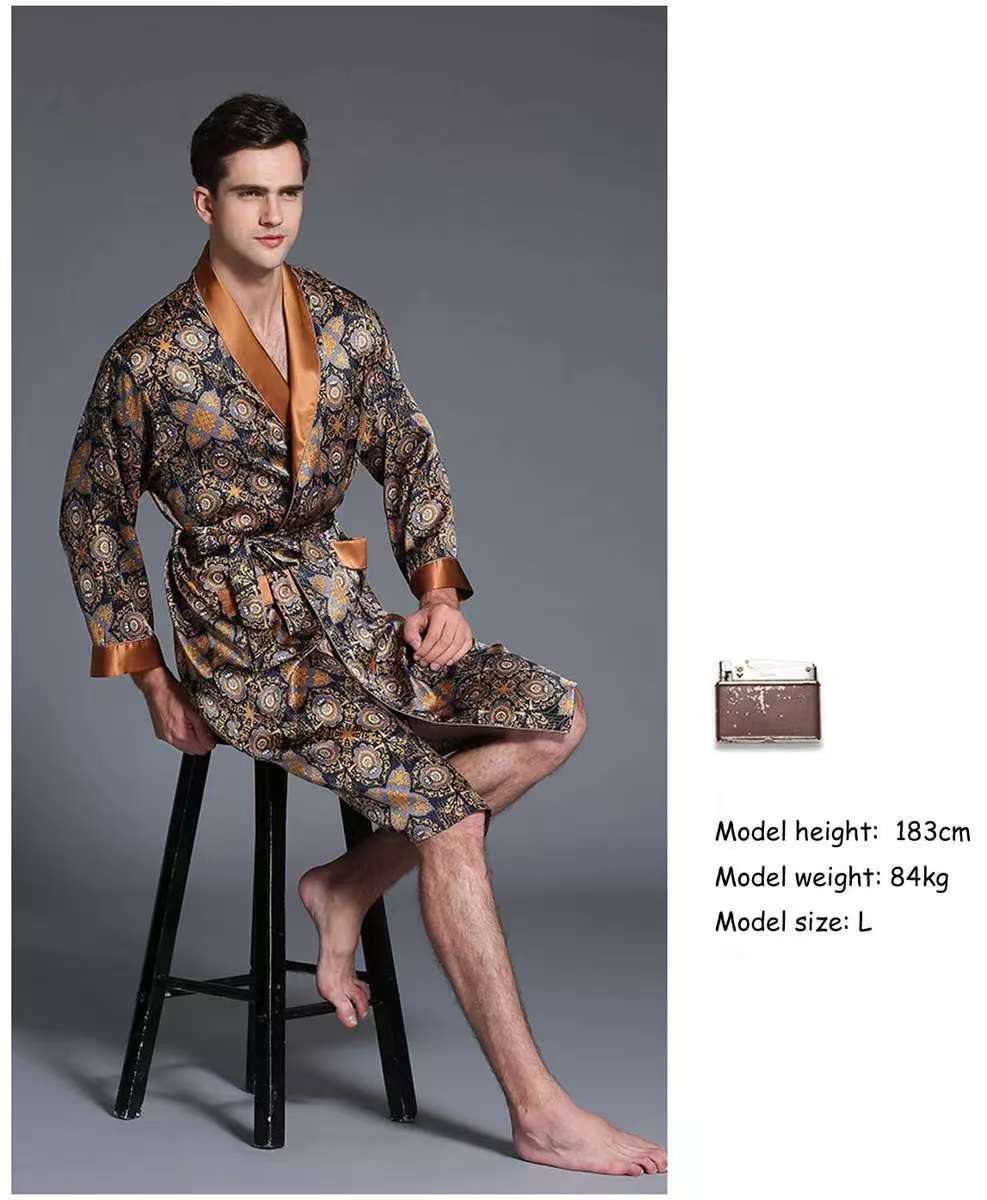 Mens 100% Pure Mulberry Silk Robe Print Silk Sleepwear Bathrobe S M