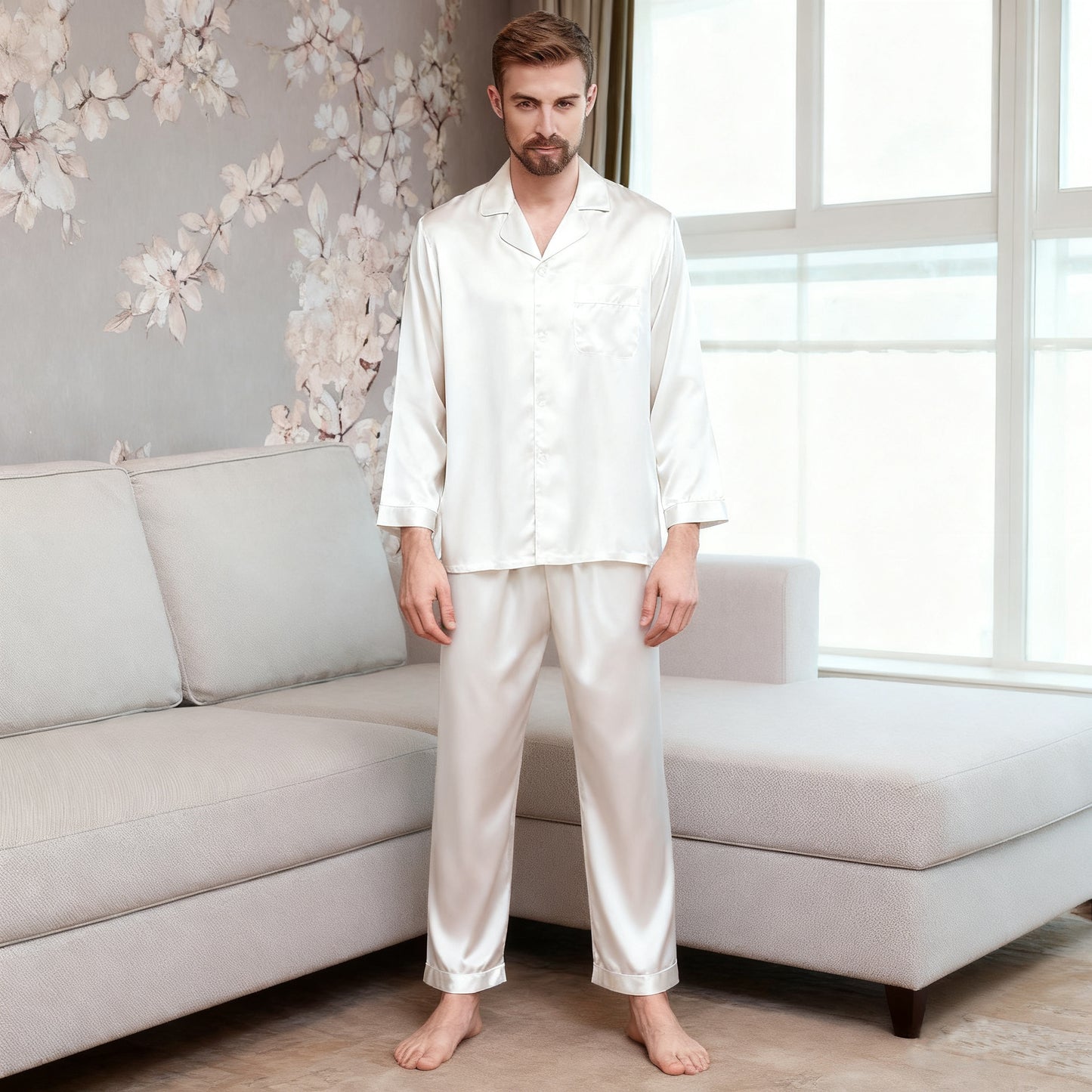 Men's Heavy Weight 30MM 100% Silk Pajama Set Ivory