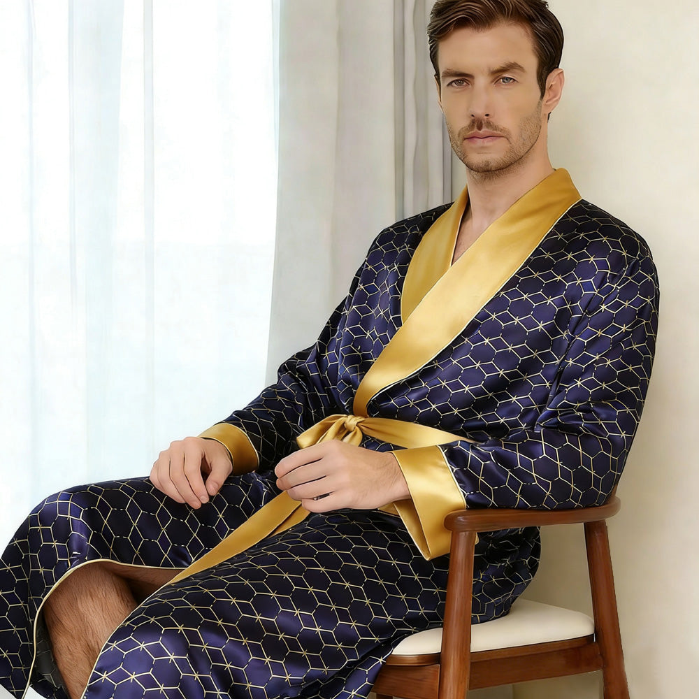 Luxury Men's Silk Robe | Navy & Gold Geometric Print