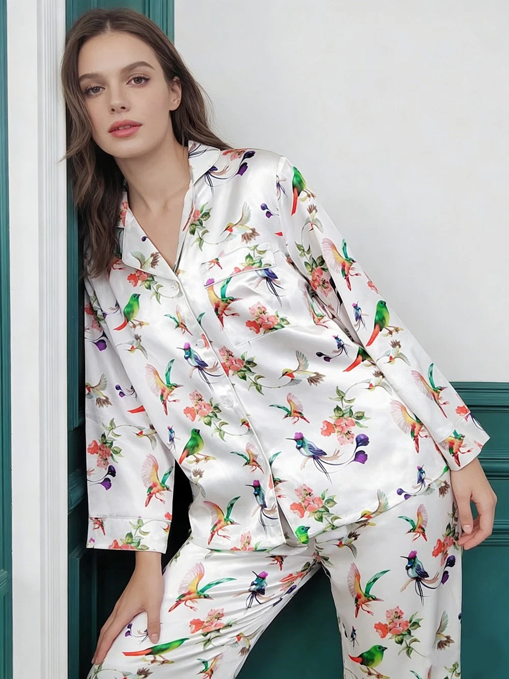 Women's 100% Silk Pajama Set Floral