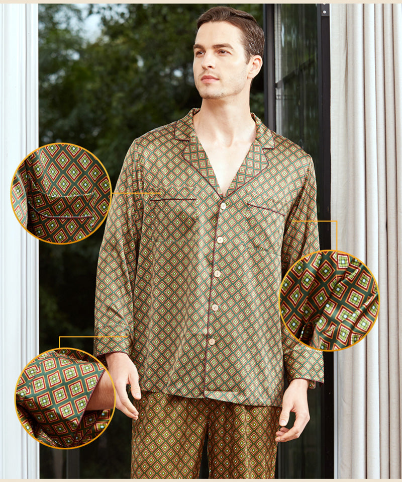 Men's 19MM Mulberry Silk Pajamas Set Print Silk Sleepwear Green S M L XL