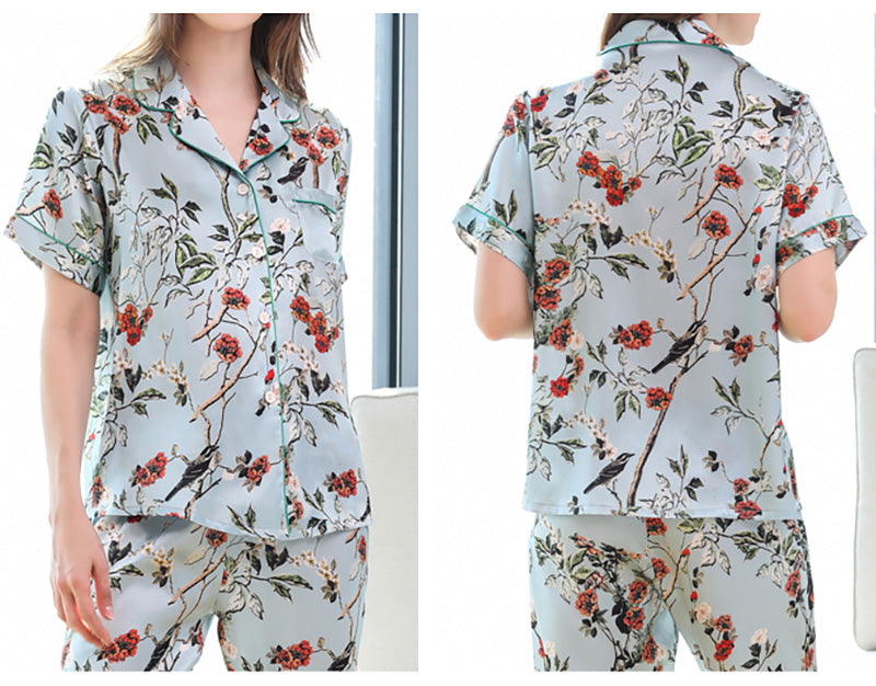 Women's 100% Pure Mulberry Silk Pajamas Set Short Sleeves Print Silk Sleepwear