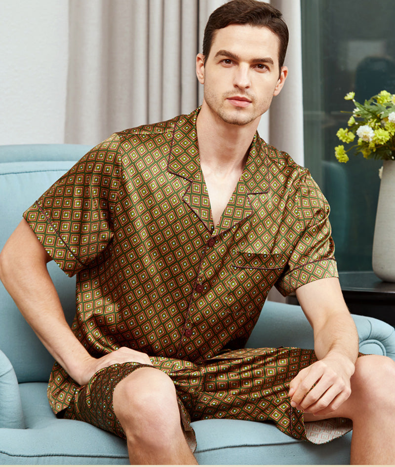 Mens 19MM Silk Sleepwear Set Top & Shorts Set Short Sleeves Pajama Set Green M L XL