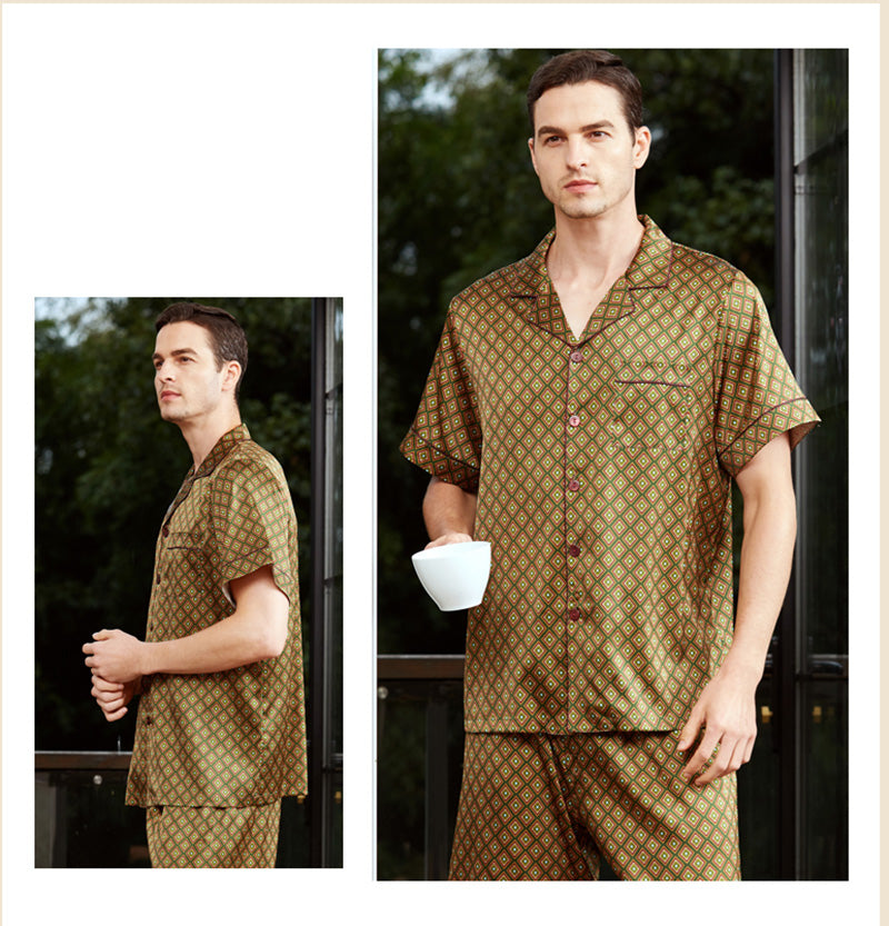 Mens 19MM Silk Sleepwear Set Top & Shorts Set Short Sleeves Pajama Set Green M L XL