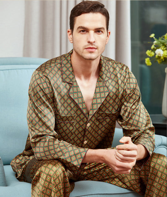 Men's 19MM Mulberry Silk Pajamas Set Print Silk Sleepwear Green S M L XL