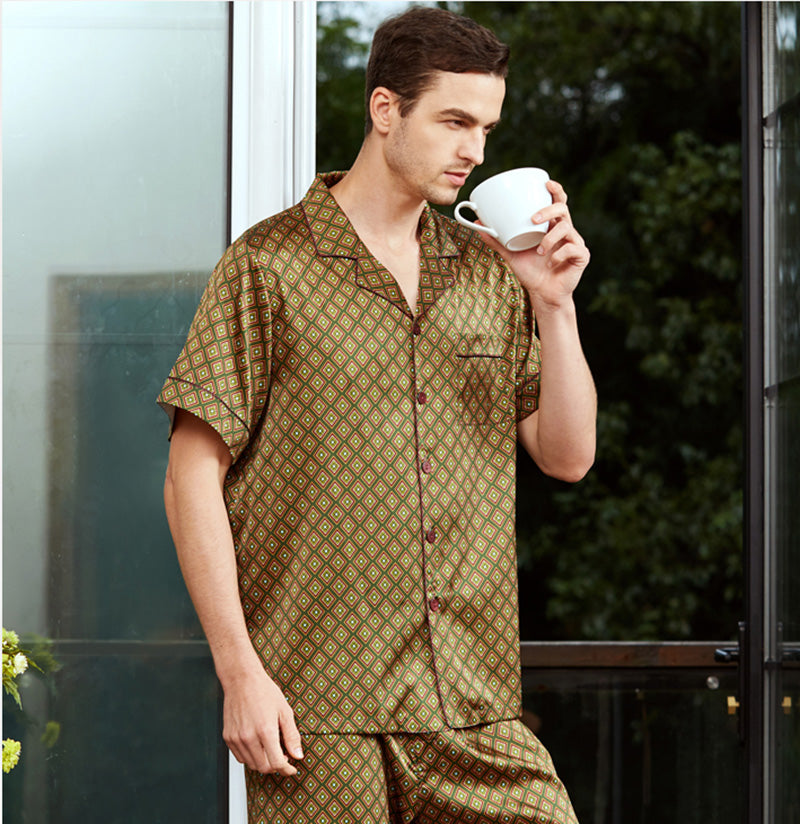 Mens 19MM Silk Sleepwear Set Top & Shorts Set Short Sleeves Pajama Set Green M L XL