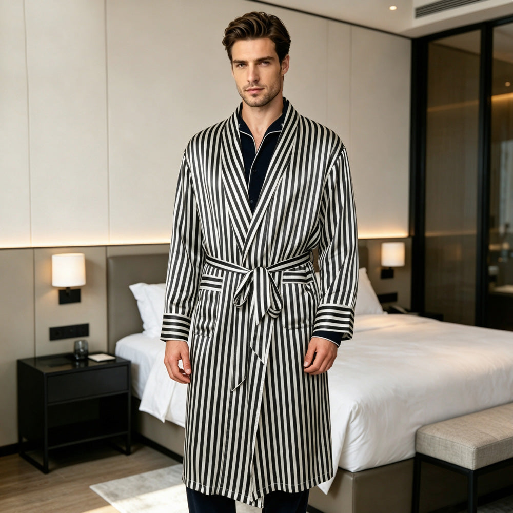 Men's 22 Momme Silk Robe Black White Vertical Stripe Luxury Long Sleeve Real Silk Bath Gown