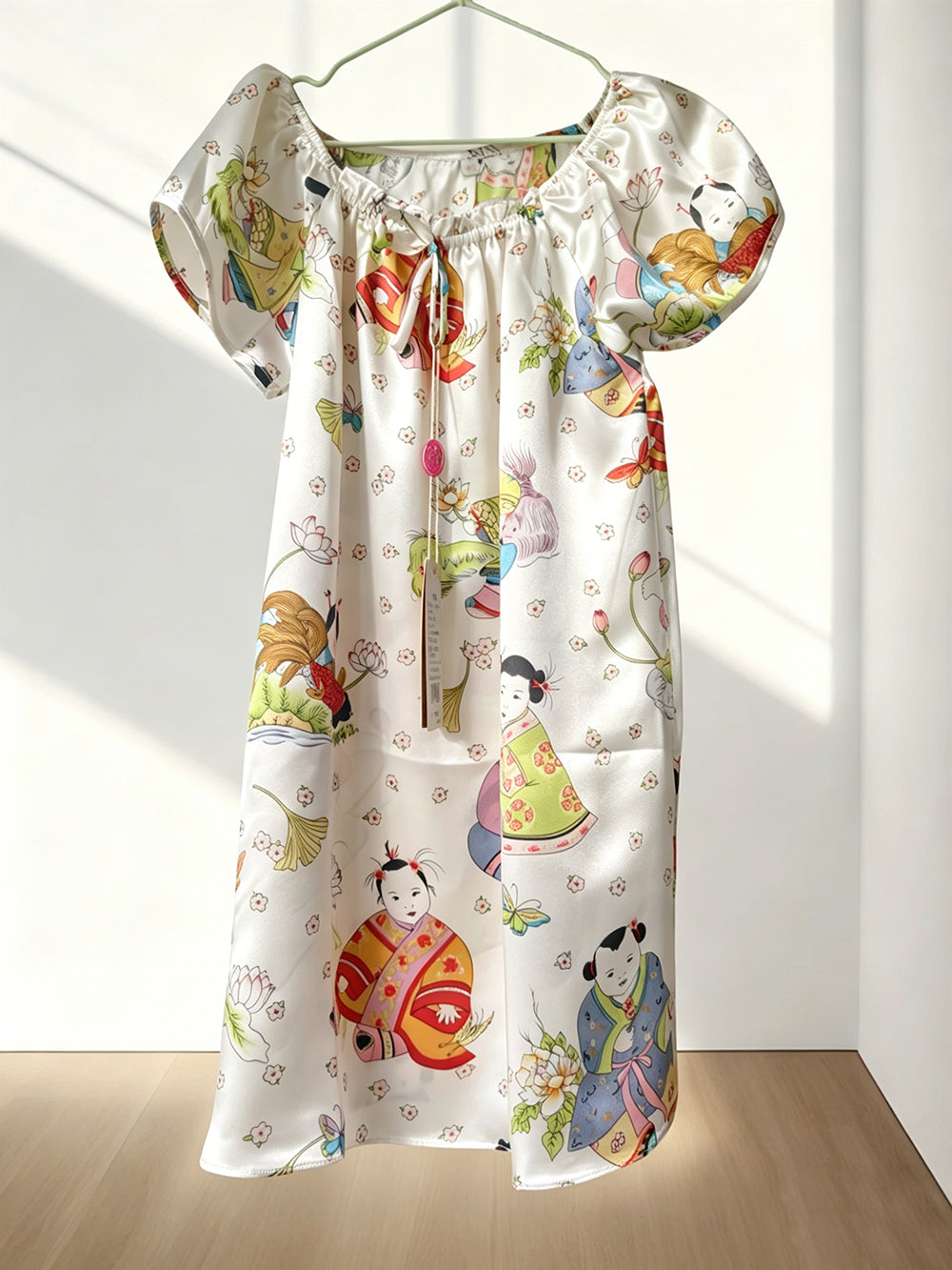 Kids’ Mulberry Silk Nightgown | Traditional Doll Print Short Sleeve Silk Sleep Dress