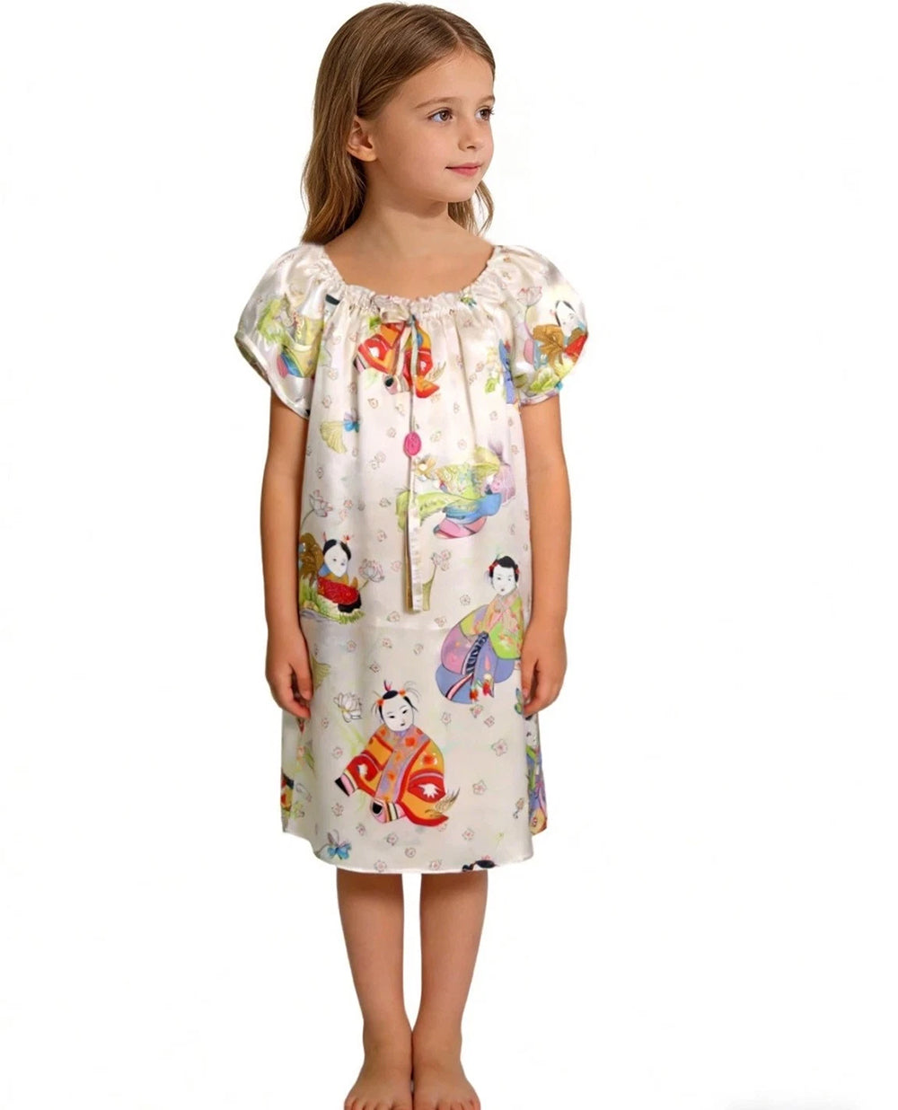 Kids’ Mulberry Silk Nightgown | Traditional Doll Print Short Sleeve Silk Sleep Dress