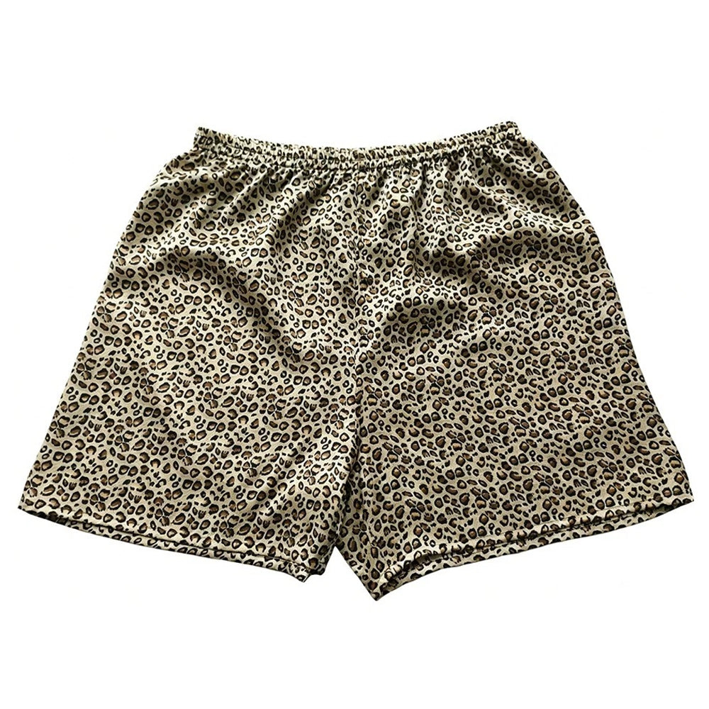 Men’s 100% Mulberry Silk Lounge Shorts Leopard Print Elastic Waist Silk Sleep Shorts