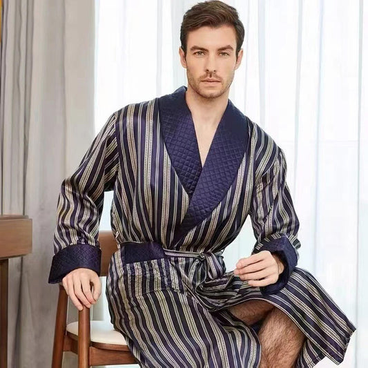 Men's 100% Mulberry Silk Dressing Gown Navy Striped