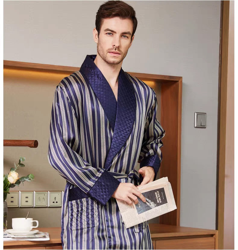 Men's 100% Mulberry Silk Dressing Gown Navy Striped