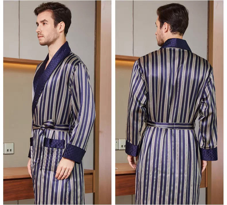 Men's 100% Mulberry Silk Dressing Gown Navy Striped