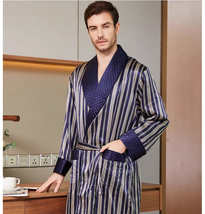 Men's 100% Mulberry Silk Dressing Gown Navy Striped