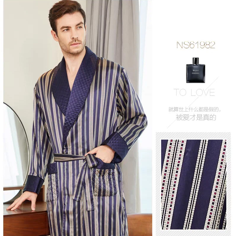 Men's 100% Mulberry Silk Dressing Gown Navy Striped