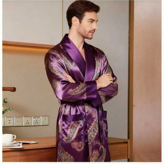 Men's Luxury Printed Mulberry Silk Robe Purple Paisley Pattern Long Sleeve Silk Bathrobe Loungewear