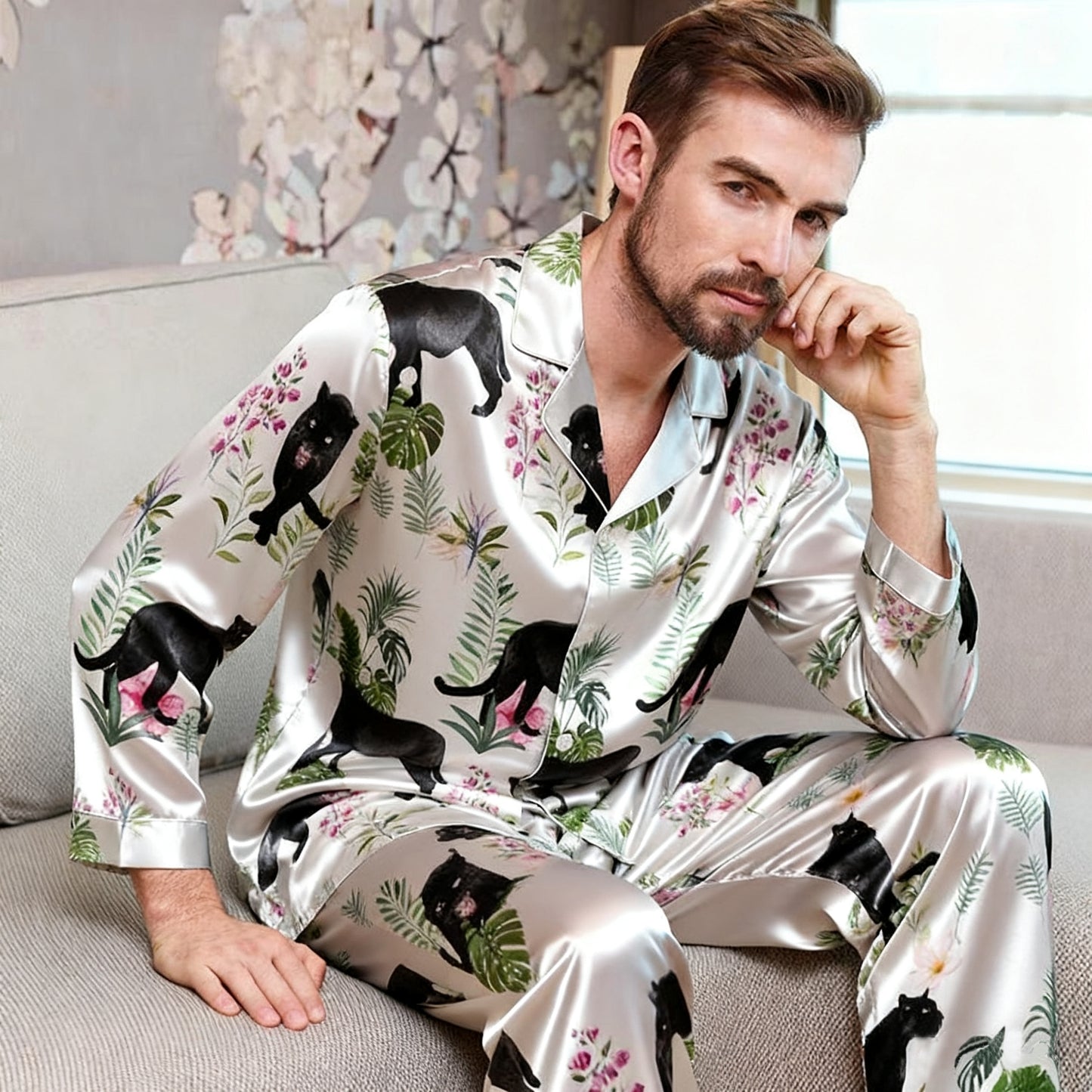 Men's 19MM 100% Silk Pajamas Set Print Silk Sleepwear