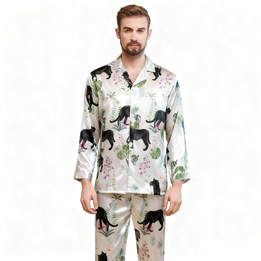 Men's 19MM 100% Silk Pajamas Set Print Silk Sleepwear