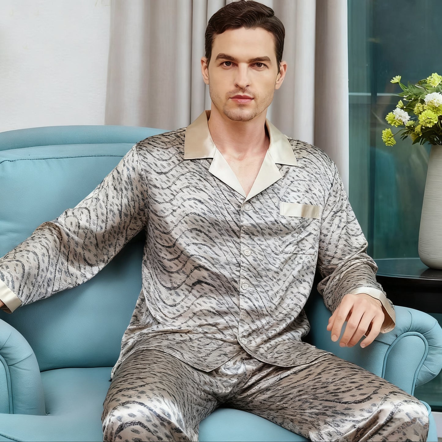 Men's Print 100% Mulberry Silk Pajamas Set