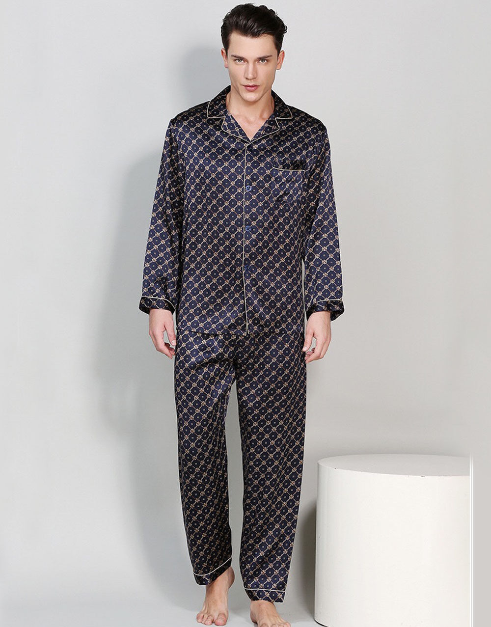 Men's Print 100% Mulberry Silk Pajamas Set Long Sleeves Silk Sleepwear S M L XL