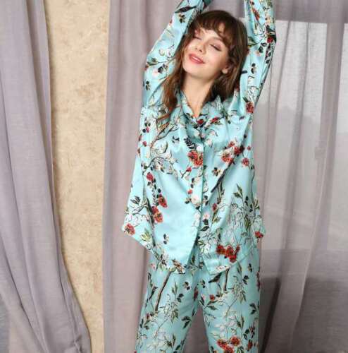 New Women's 100% Pure Mulberry Silk Pajamas Set Print Silk Sleepwear