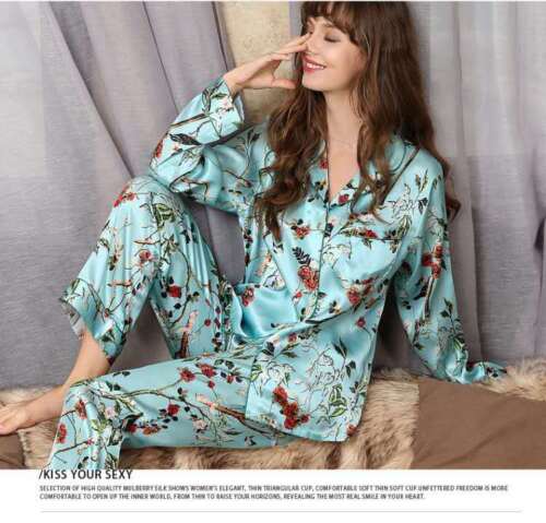 New Women's 100% Pure Mulberry Silk Pajamas Set Print Silk Sleepwear