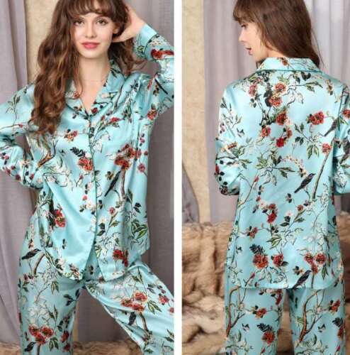 New Women's 100% Pure Mulberry Silk Pajamas Set Print Silk Sleepwear