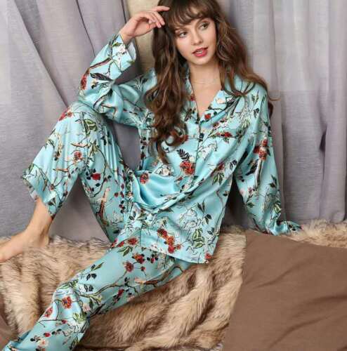 New Women's 100% Pure Mulberry Silk Pajamas Set Print Silk Sleepwear