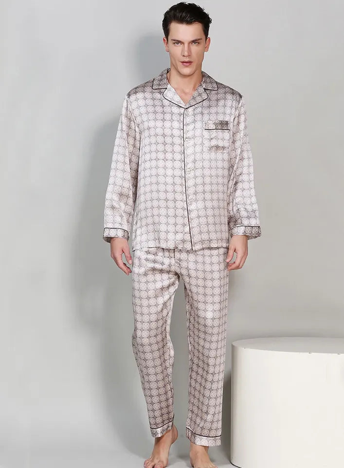 Men's Print 100% Mulberry Silk Pajamas Set Long Sleeves Silk Sleepwear S M L XL