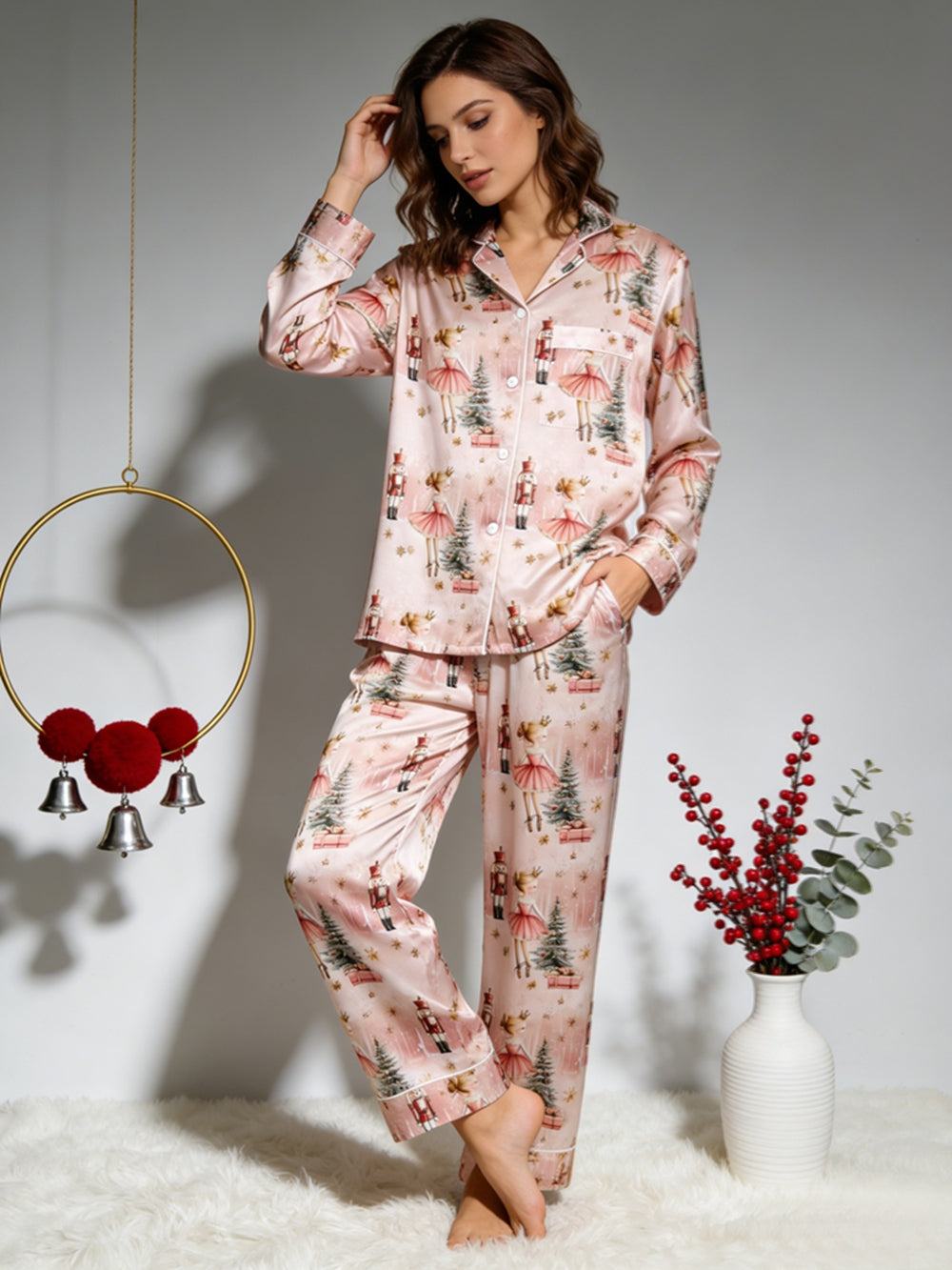 Women's 100% Silk Pajama Set Floral for Christmas