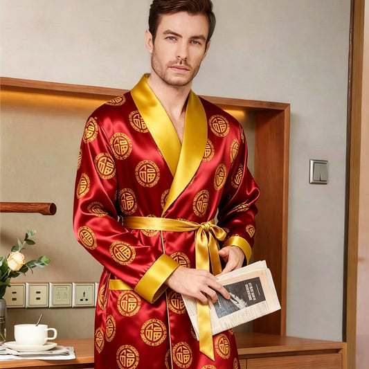Men's Luxury Red Silk Robe Traditional Chinese Fu Character Pattern Satin Long Sleeve Nightgown Wedding Loungewear Bathrobe