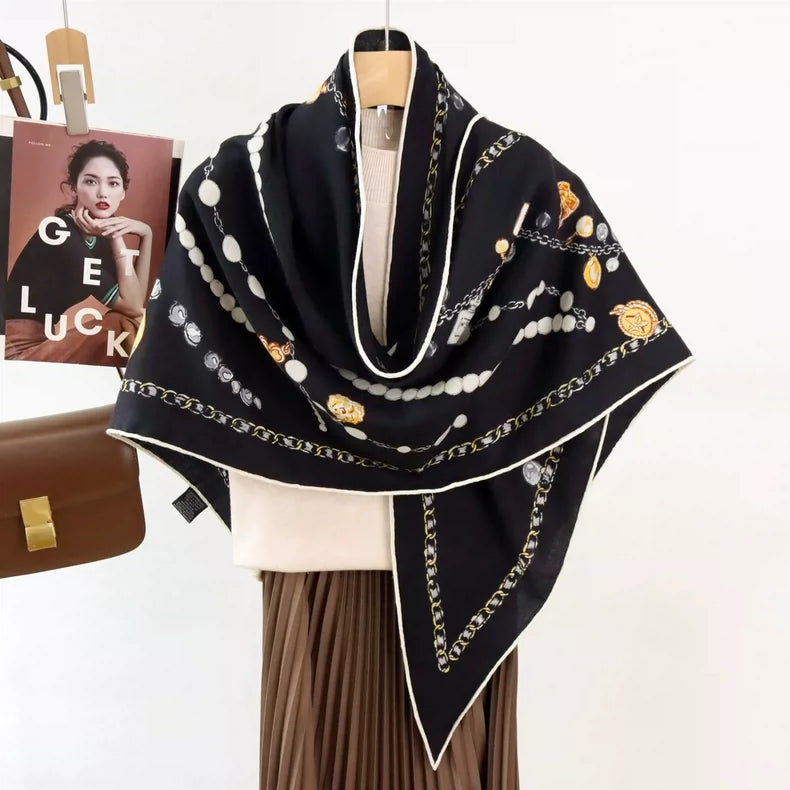 Women's Silk Wool Triangle Scarf Luxury Chain Print