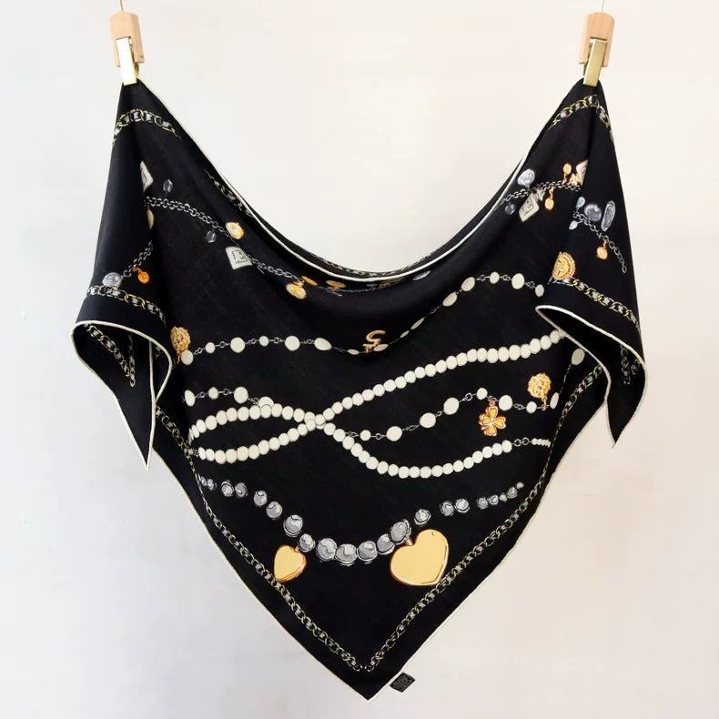 Women's Silk Wool Triangle Scarf Luxury Chain Print