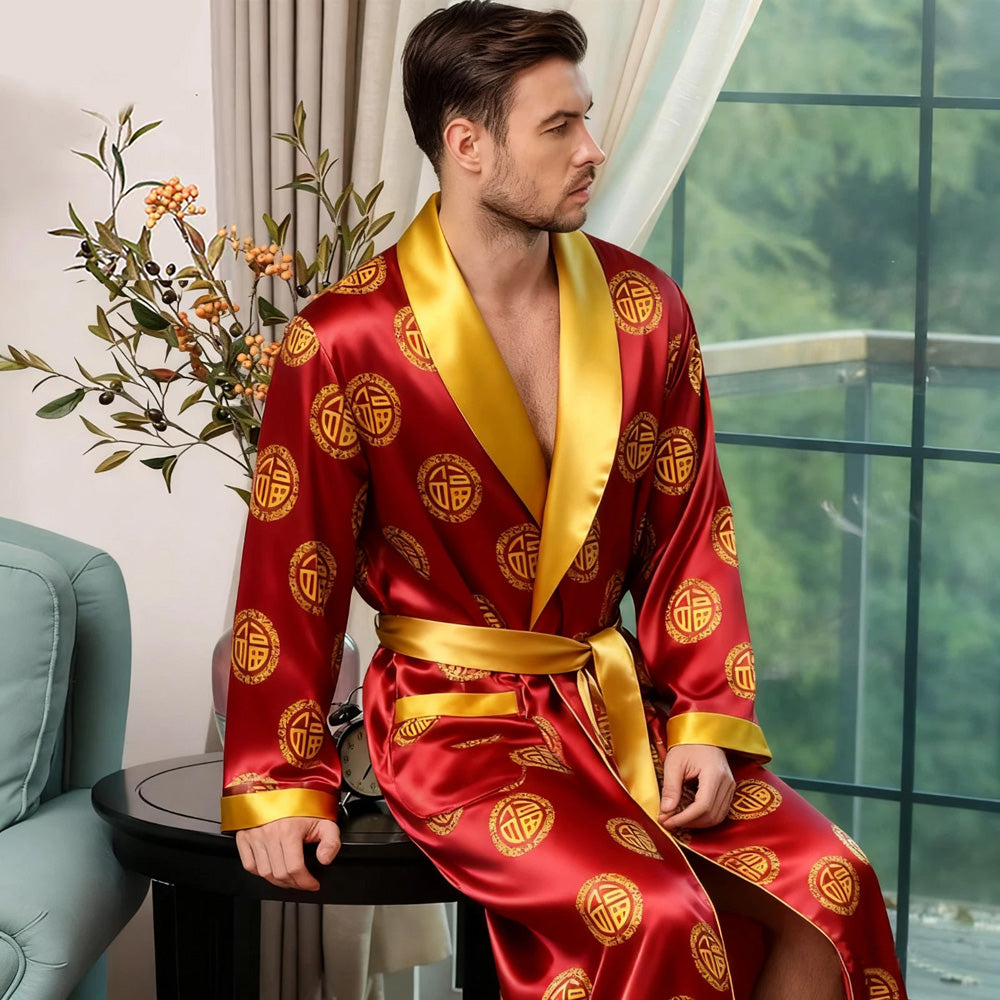 Men's Luxury Red Silk Robe Traditional Chinese Fu Character Pattern Satin Long Sleeve Nightgown Wedding Loungewear Bathrobe