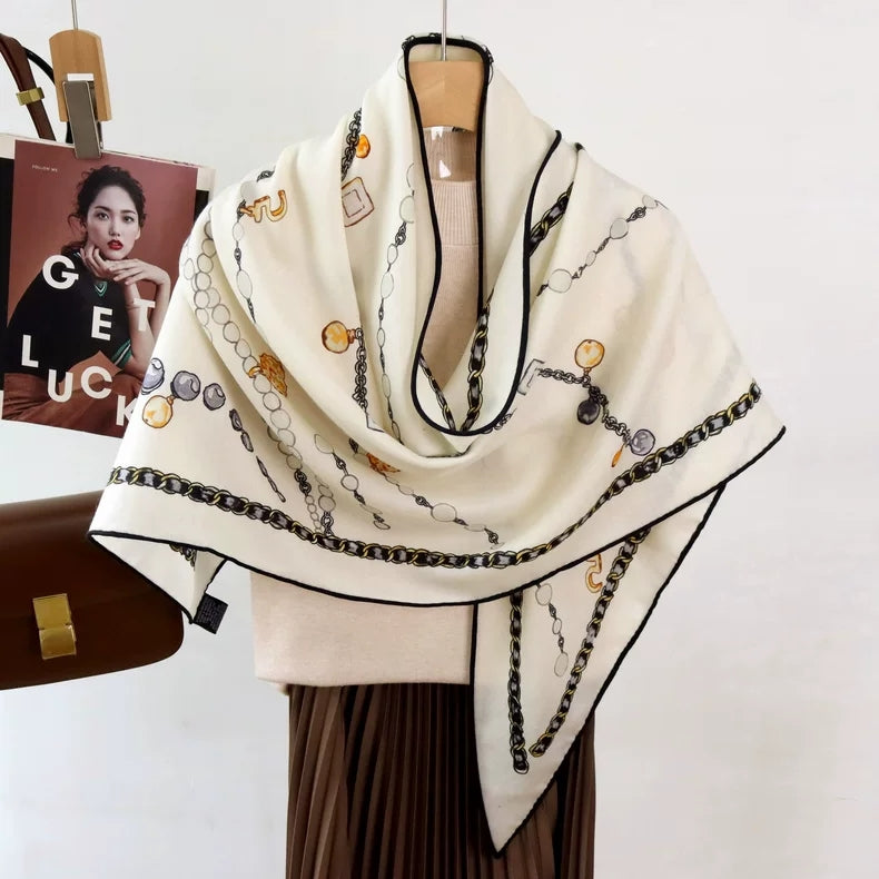 Women's Silk Wool Triangle Scarf Luxury Chain Print