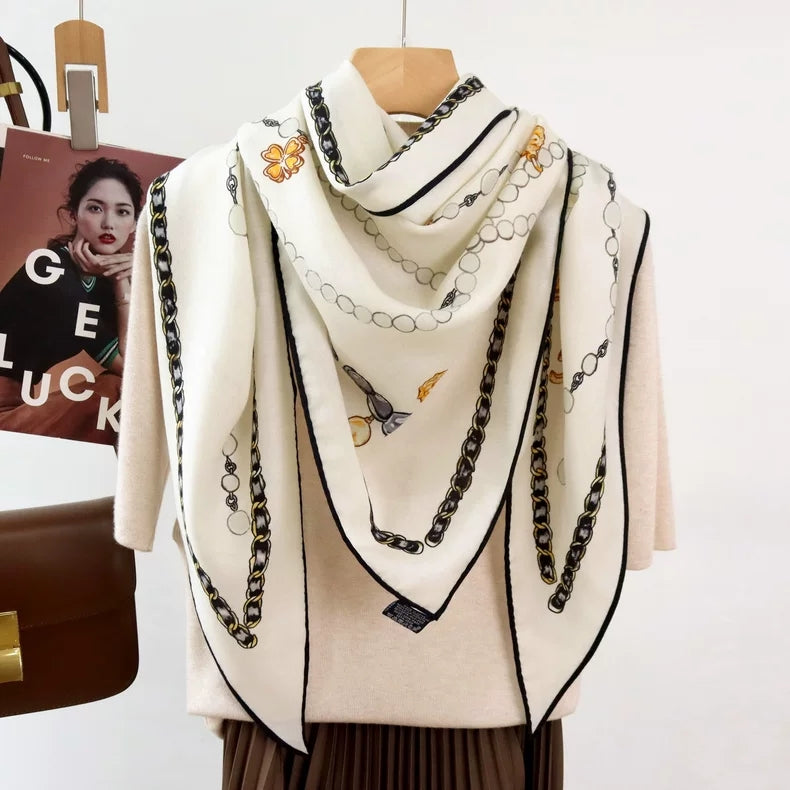 Women's Silk Wool Triangle Scarf Luxury Chain Print
