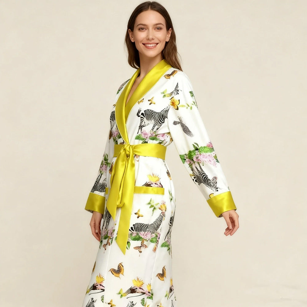 Women's 19 Momme Mulberry Silk Kimono Robe Zebra Floral Printed Long Sleep Robe